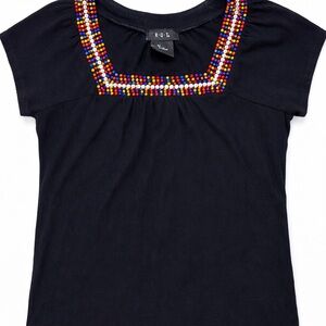 Black Beaded Blouse Boho Embellished Top Multicolor Neckline Short Sleeve M